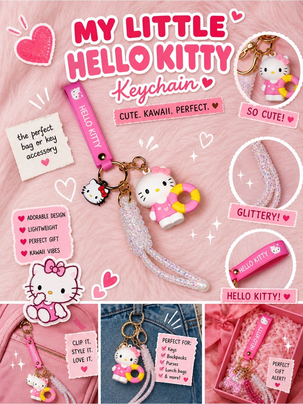 Hello Kitty Keychain Pink Kawaii Charm Wristlet Glitter  Cute Bag Accessory Gift